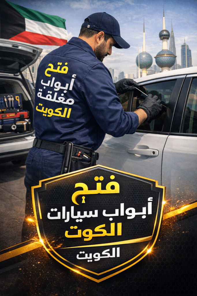 فني من شركة مفتاحك يقوم بفتح قفل سيارة حديثة في الكويت باستخدام جهاز برمجة متطور
