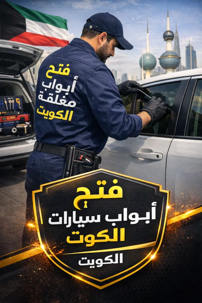 فني من شركة مفتاحك يقوم بفتح قفل سيارة حديثة في الكويت باستخدام جهاز برمجة متطور