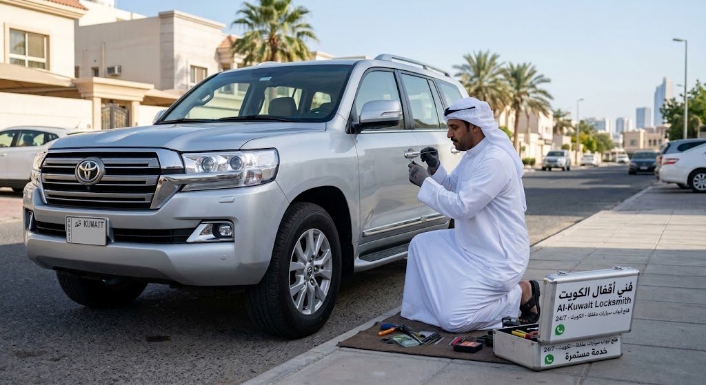 فني متخصص يقوم بفتح باب سيارة دفع رباعي مقفلة بأمان باستخدام وسادة هوائية مخصصة